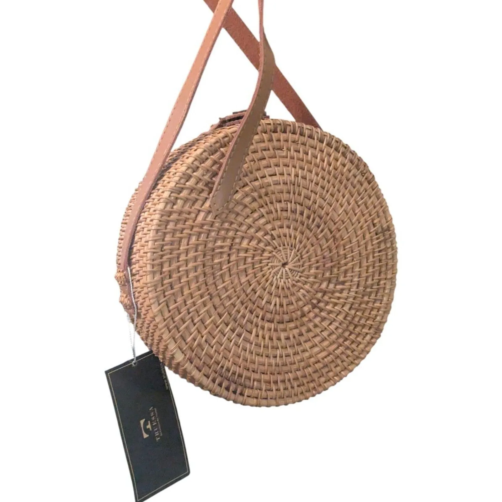 Truessa Round Rattan Crossbody Bag with Heart Woven Detail, NWT Brown - Image 5