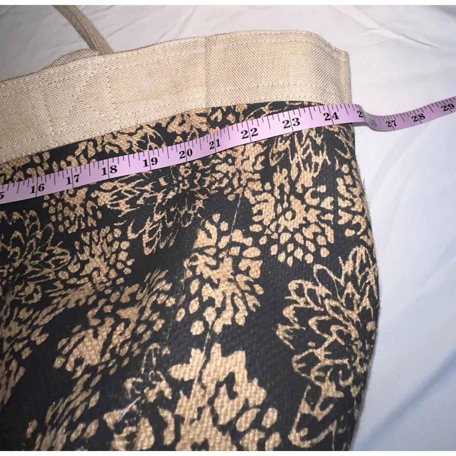 Handmade Jute Canvas Tote Bag Black Beige Floral Market Beach Tan - Image 9