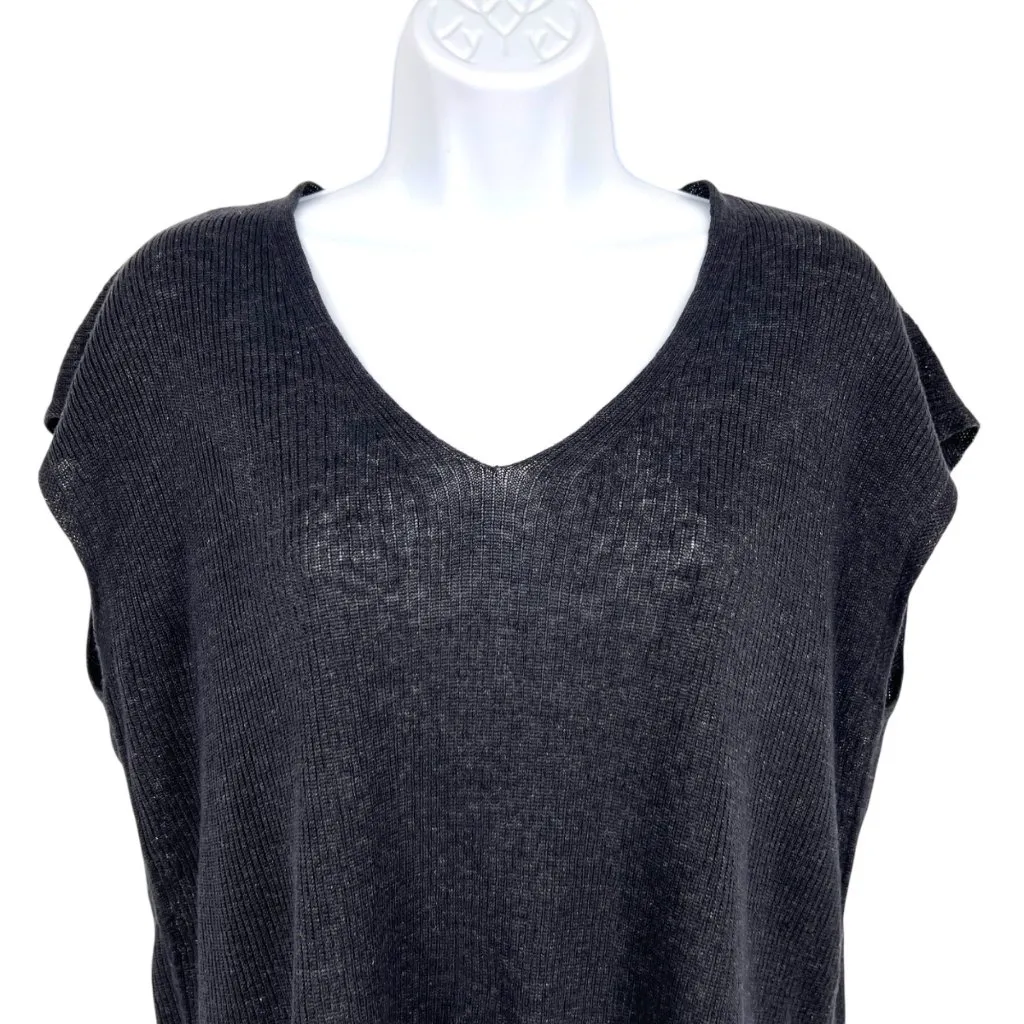Eileen Fisher Organic Linen Delave Rib V-Neck Top Graphite Size XXS - Image 2