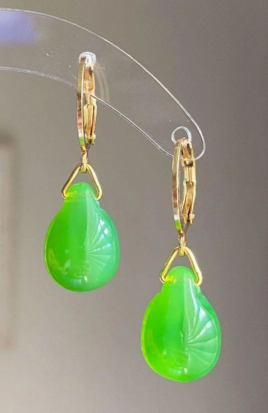 Handmade green opal teardrop Czech glass simple minimalist earrings💚 - Image 5