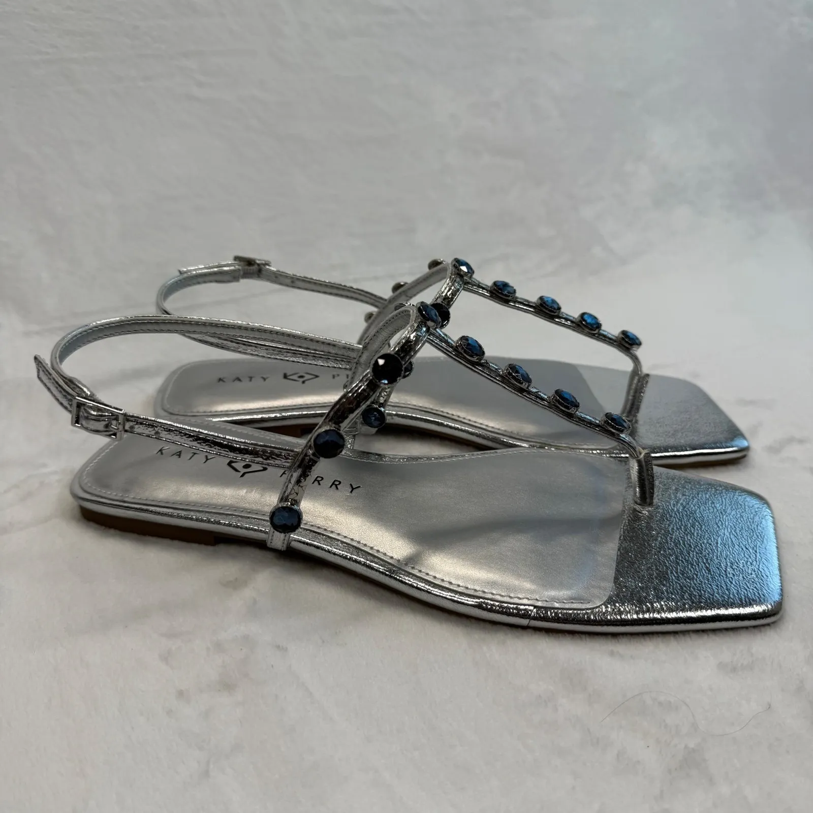 Katy Perry Camie Gemstone Sandals Silver‎ Thong Strap Square Toe Size 9M Silver - Image 5