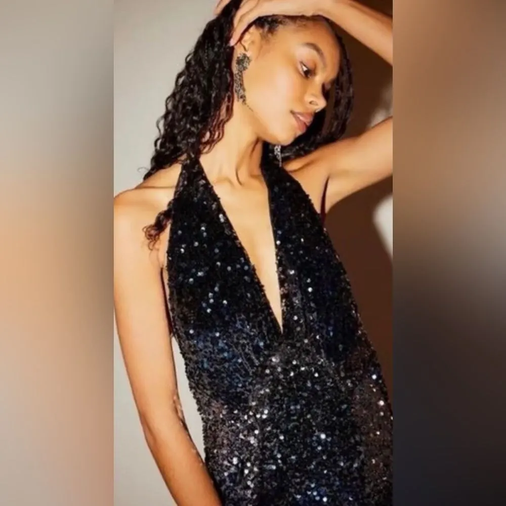 FREE PEOPLE Glitter & Gold Sequin Velvet Midi Dress Blue Black Size Medium‎ New - Image 4