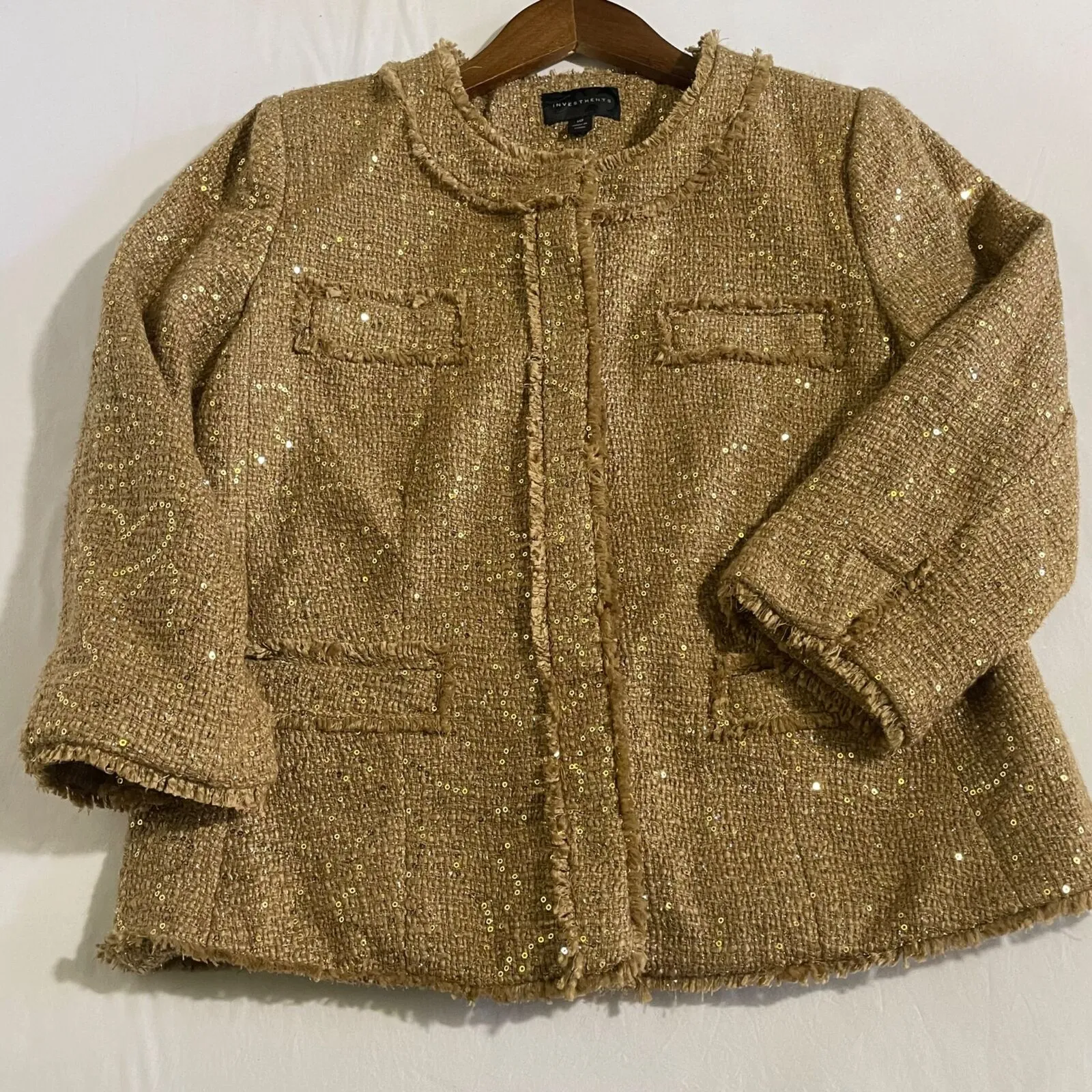 Investments Gold Sequin Blazer Jacket Fringe Trim Lined New Size 10 - Image 7