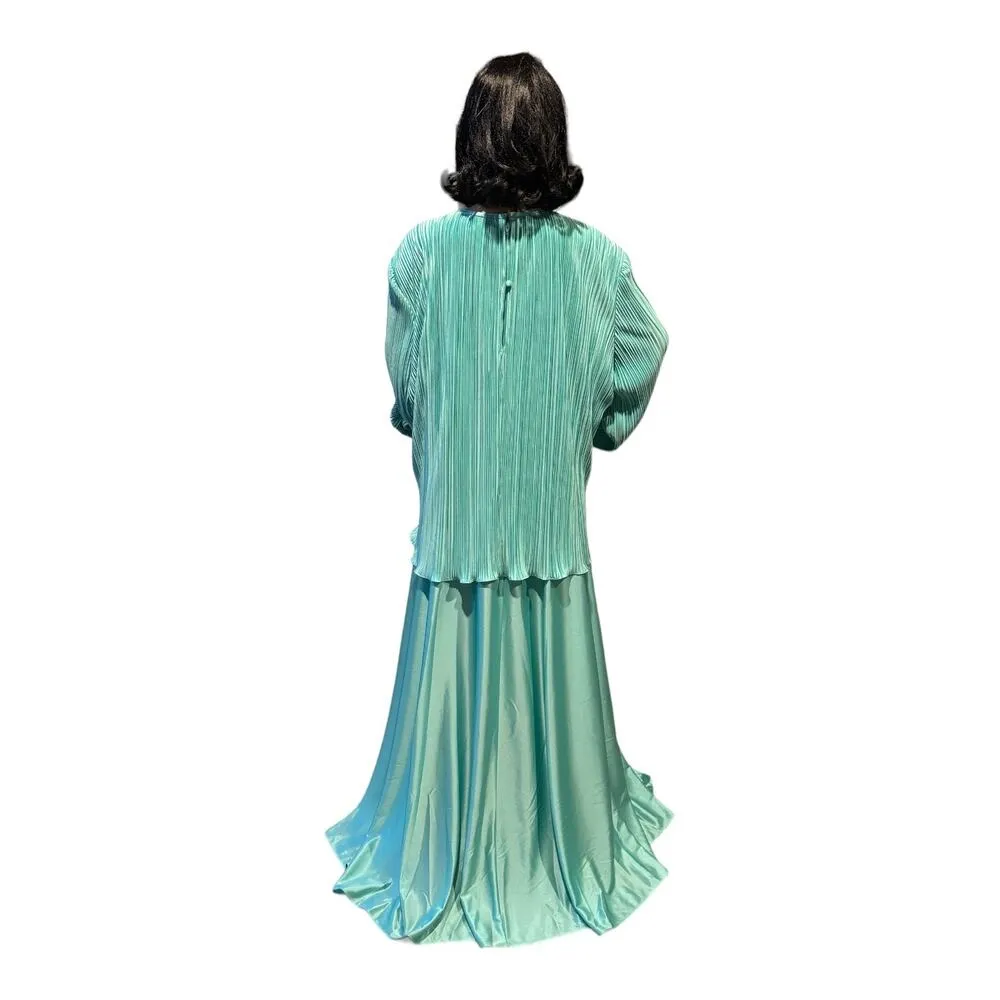 Vintage Lady Helene 80’s Green Crepe Plisse Pleated Drop Waist Dress size 26.5 - Image 11