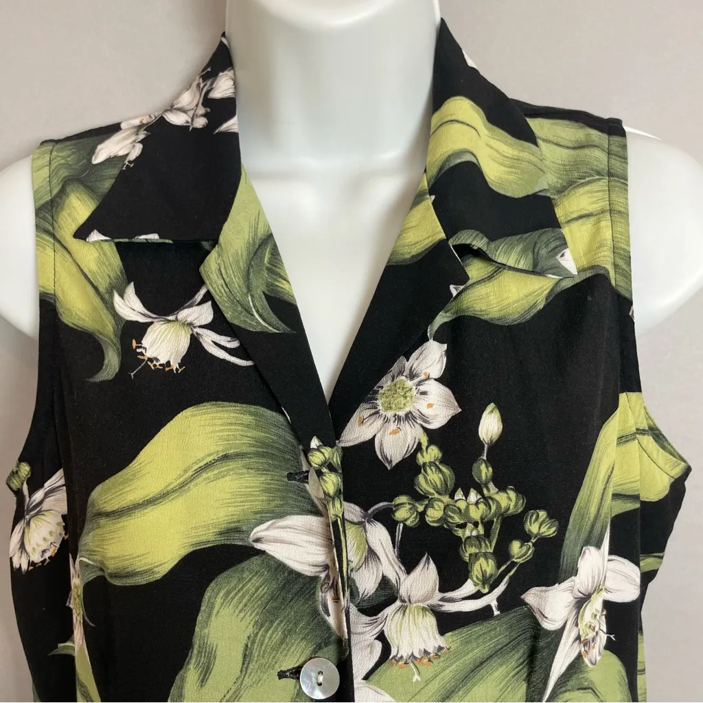 Kaua'iana‎ Sleeveless Blouse Floral Top Tank Hawaiian Black White Women Size XS - Image 6