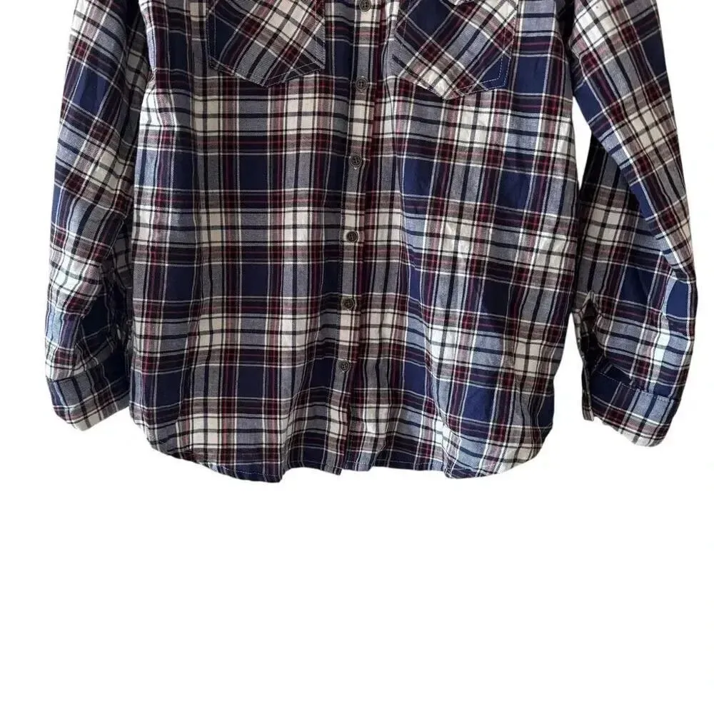 Altar’d State Shirt Button Front Blue Plaid Flannel Mixed Media Lace SZ L #2315 - Image 3