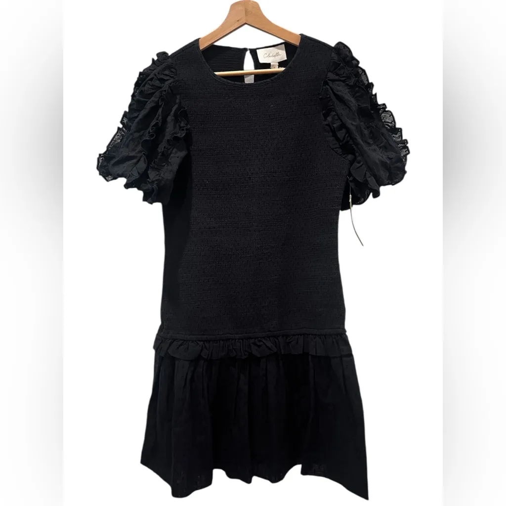 NWT Cleobella Colette Black Organic Cotton Smocked Puff Sleeve Mini Dress Med - Image 2
