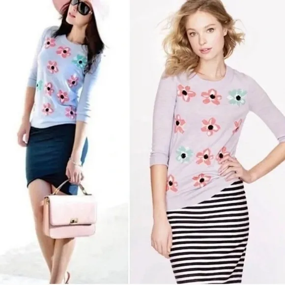 J.Crew Blue 100% Merino Wool 3/4 Sleeve Floral Crew Neck Sweater Top M - Image 2