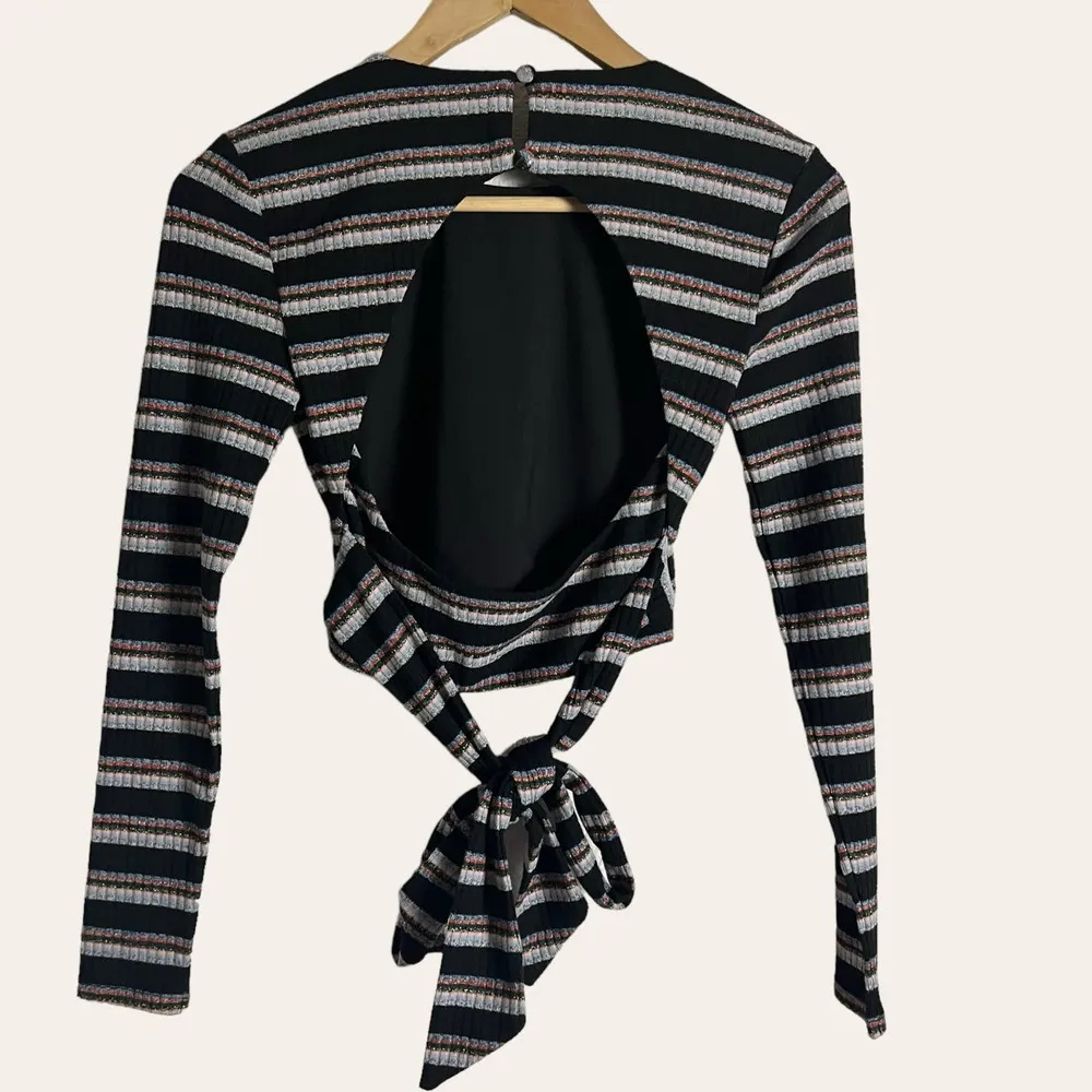 Privacy Please Black Ribbed Striped Open Tie Back Long Sleeve Top Size XXS - Image 7