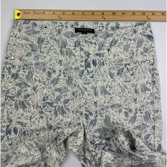 Mario Serrani White & Blue Floral Print Pants with Decorative Rivets S - Image 3