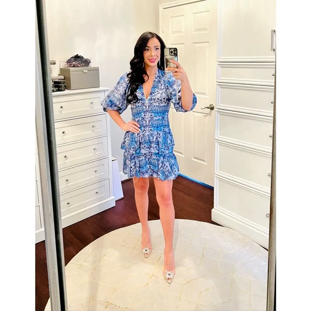 SANDRO Blue Floral Linen Blend A-Line V-Neck Mini Dress Size 36 US 4 - Image 5