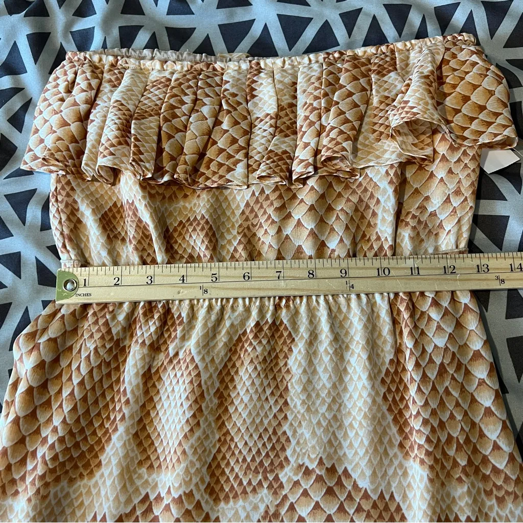 AKA New York Silk Snake Print Tan Brown Strapless Ruffle Layered‎ Maxi Dress XS - Image 12