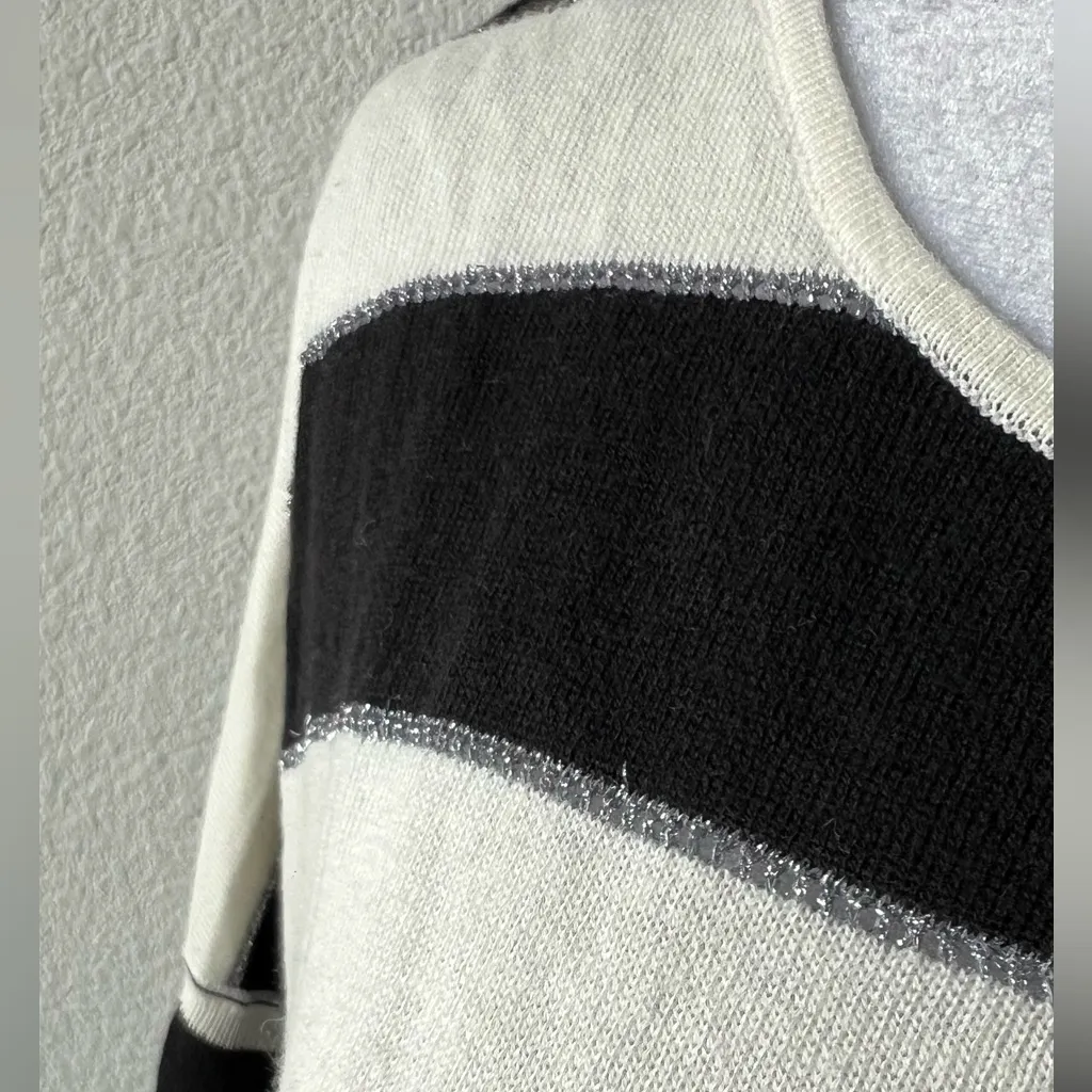 Sandro Black and Off-White Crew Neck Sweater with Bold Stripes and silver detail - Image 3