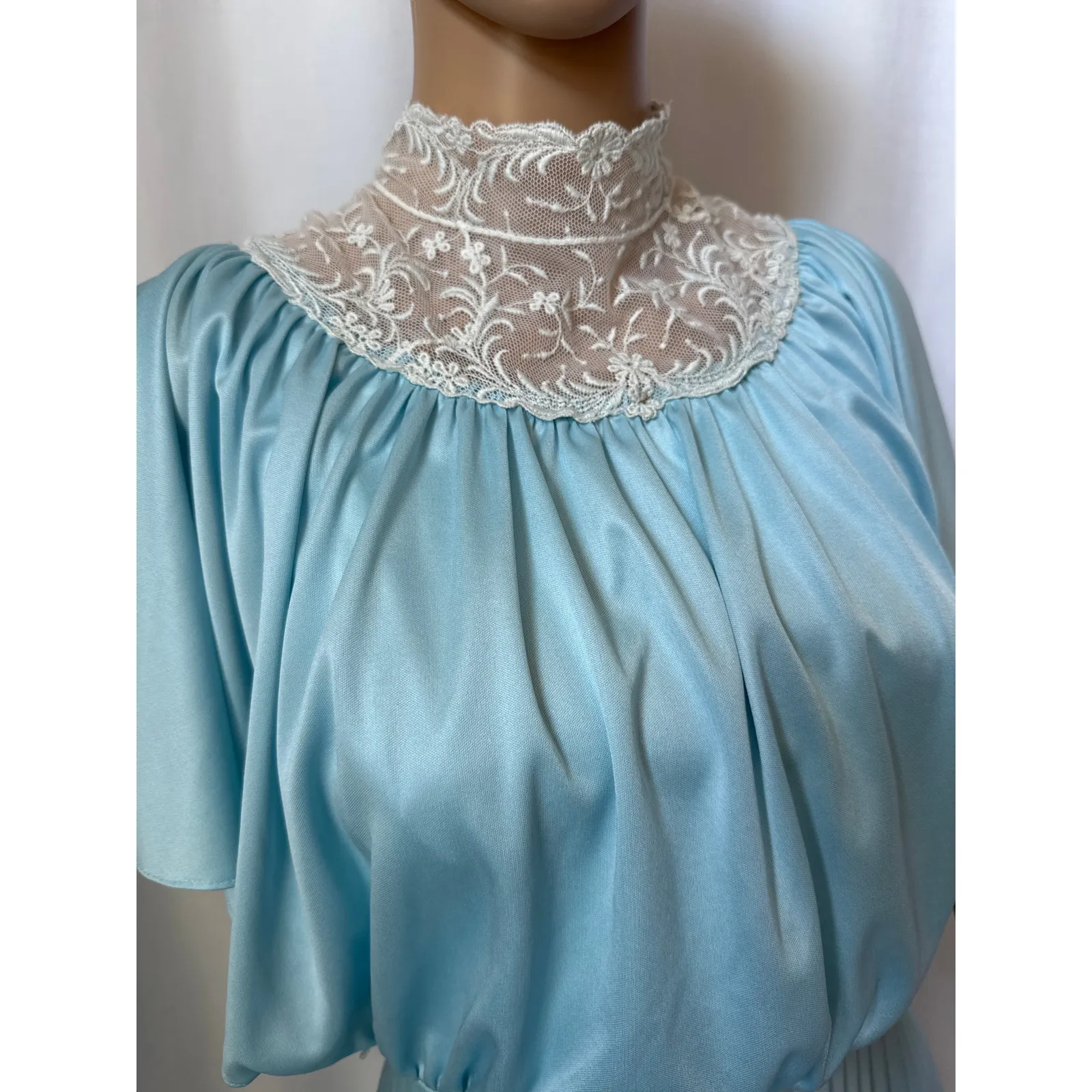 Vintage Powder Blue white Lace High Neck Flutter Sleeve Pleated Maxi Dress XS - Image 6