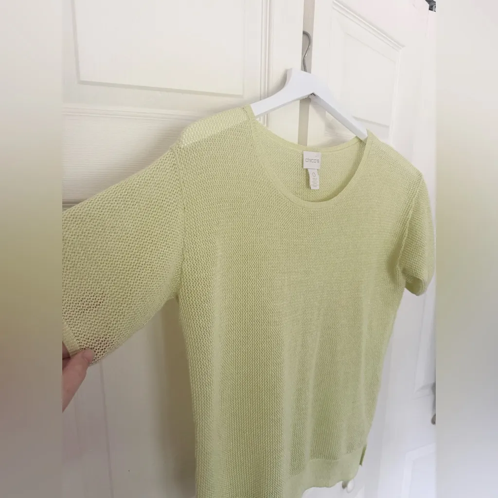 Chico’s Green Knit Short Sleeve Sweater Top Slime Green Lime Ramie Size Small - Image 3