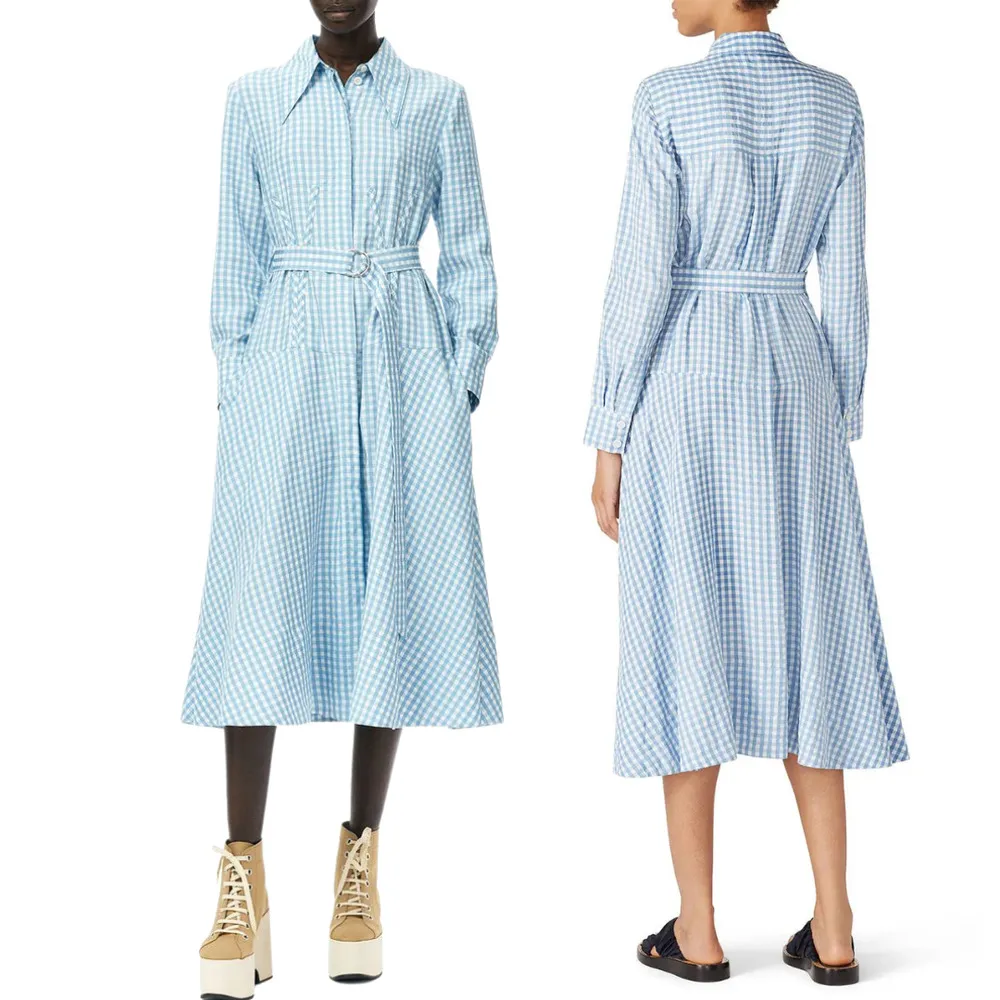 TIBI Summer-Fresh Midi Shirtdress Long Sleeve Gingham Printed Blue Size 4 - Image 3