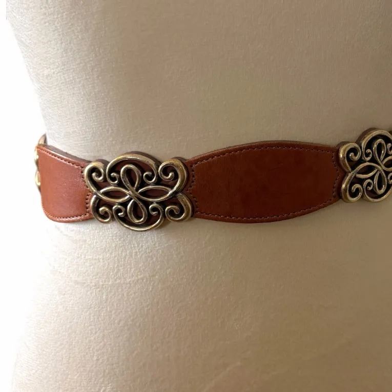 Brighton Western Boho Brown Cognac Leather Scroll Buckle Belt Women’s Size Small - Image 4