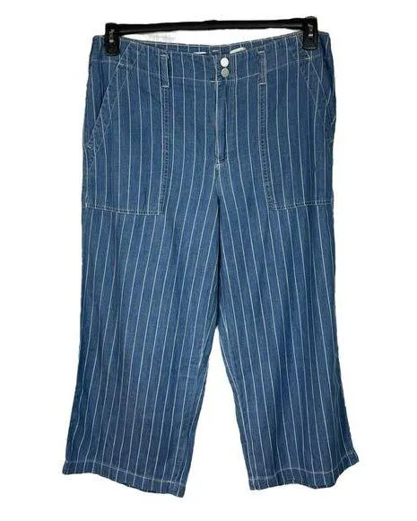 Seven7 SZ 14 Wide Leg Crop Pants Striped Chambray Pockets Hi-Rise Zip-Fly Blue - Image 1