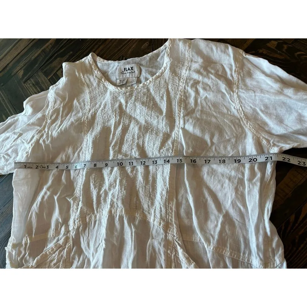 Flax 100% Linen White Lagenlook Cottagecore Top Women Petite Pocket Beachy Sheer - Image 5