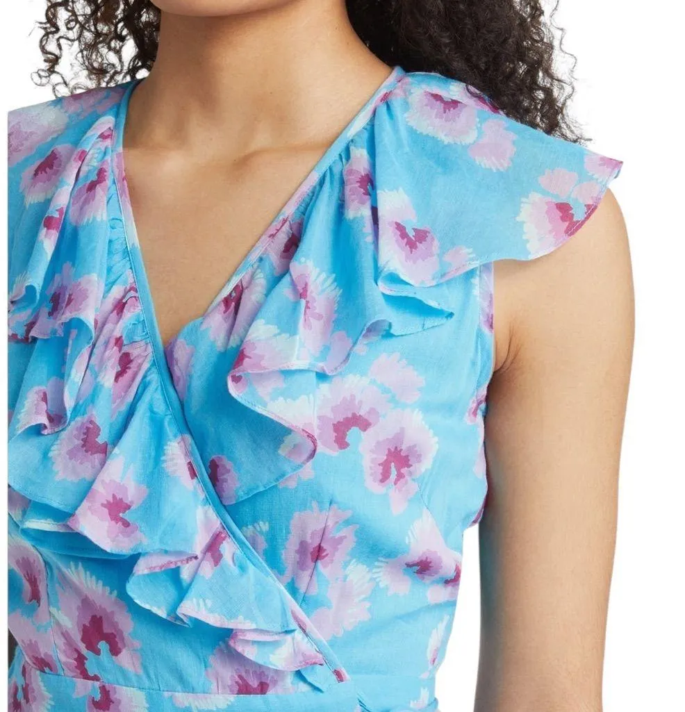 NWT Banjanan Anthropologie Elise Cotton Floral Wrap Midi Dress Blue Size XS - Image 2