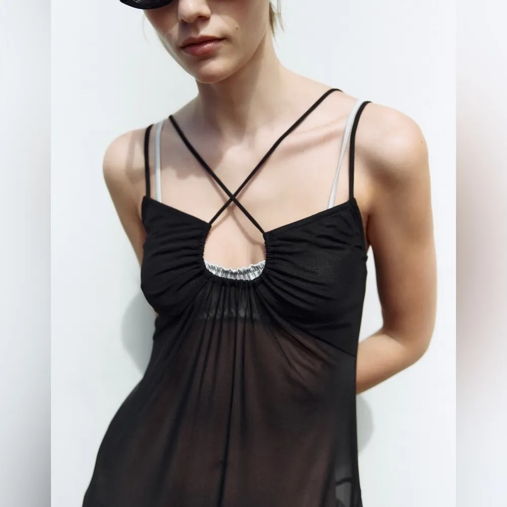 ZARA New Black Tulle Slip Midi Dress Asymmetric Hem with Spaghetti Straps Size M - Image 4