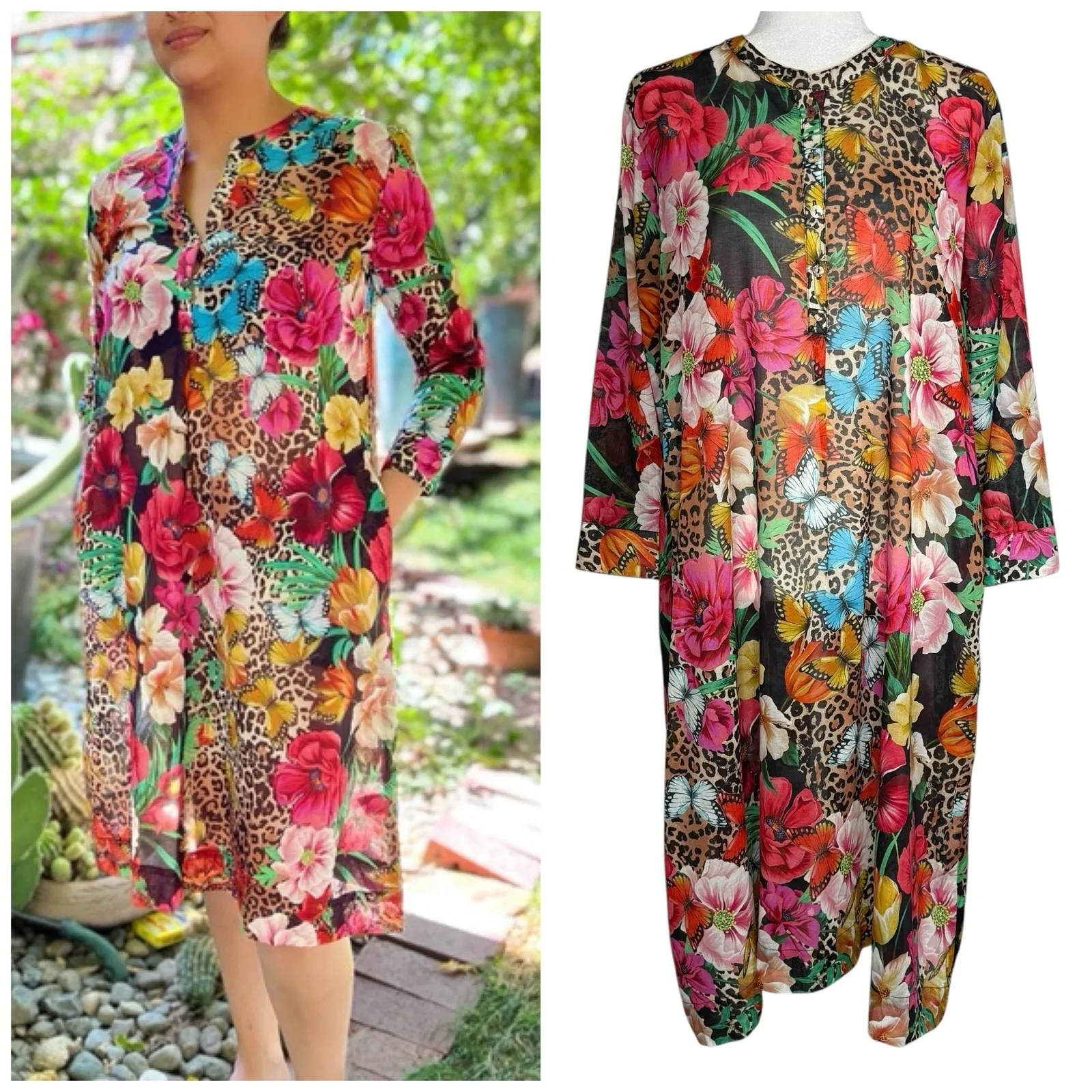 NWOT Johnny Was Sandra Seaside Dress‎ M Floral Butterfly Leopard Boho Pockets - Image 2