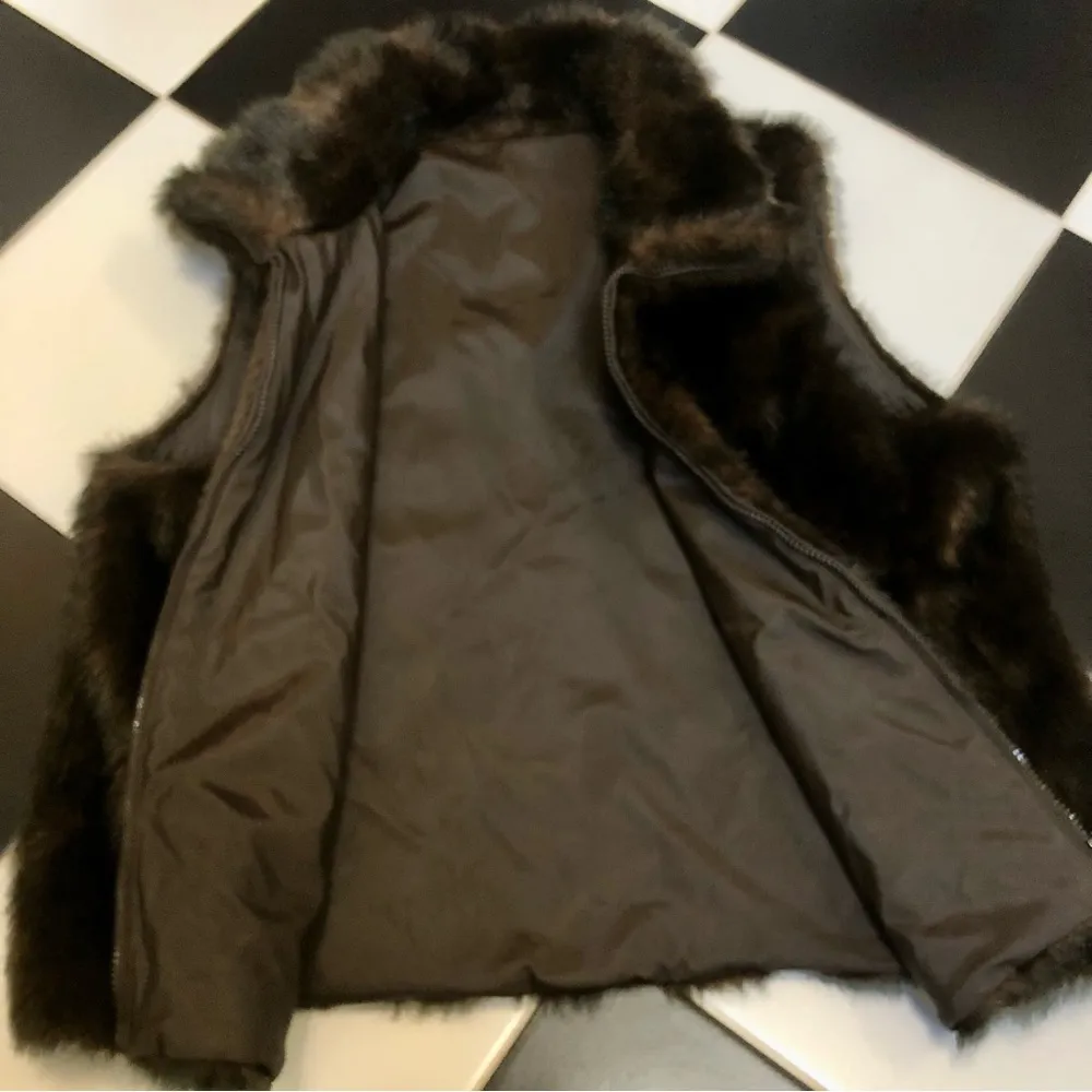 Vintage 80s 90s Giacca Faux Fur Vest Brown Black Reversible Mobwife Aesthetic XL - Image 7