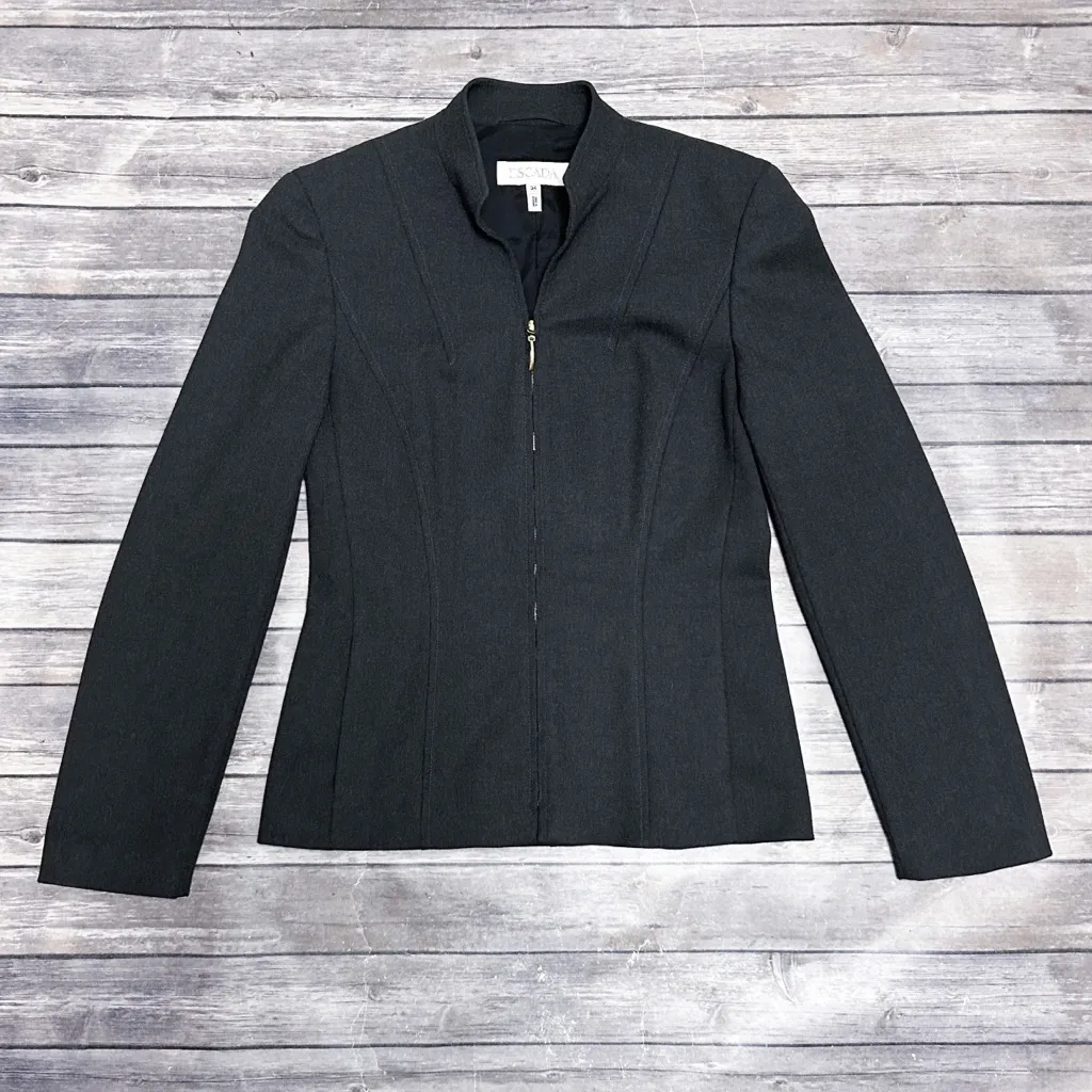 Escada Gray Wool Blend Gold Tone Zipper V Neck Mandarin Collar Blazer Jacket 34 Size undefined - Image 7