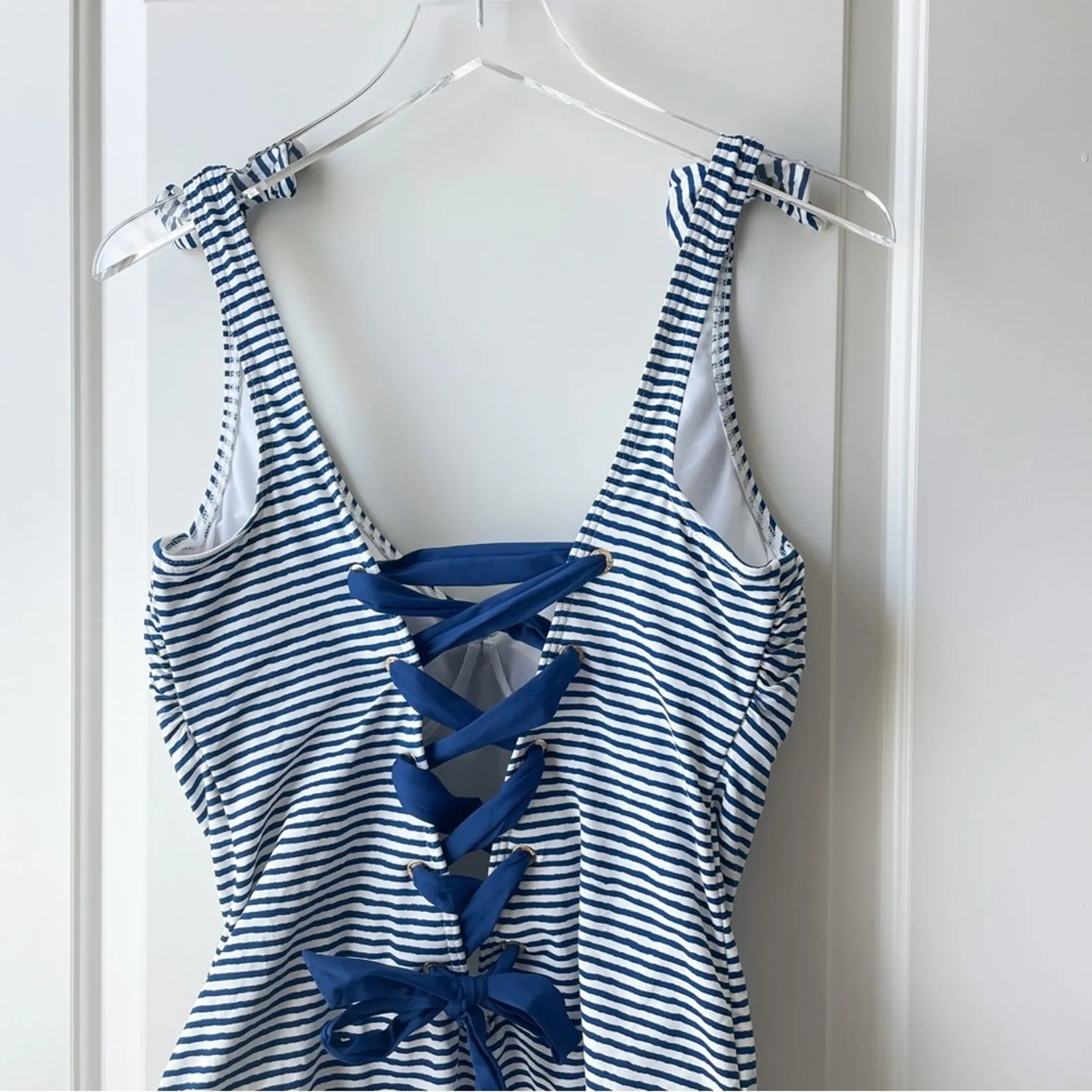 Lauren Ralph Lauren Swimsuit One Piece Stripe Lace Up Back White Navy Gold 16 - Image 7