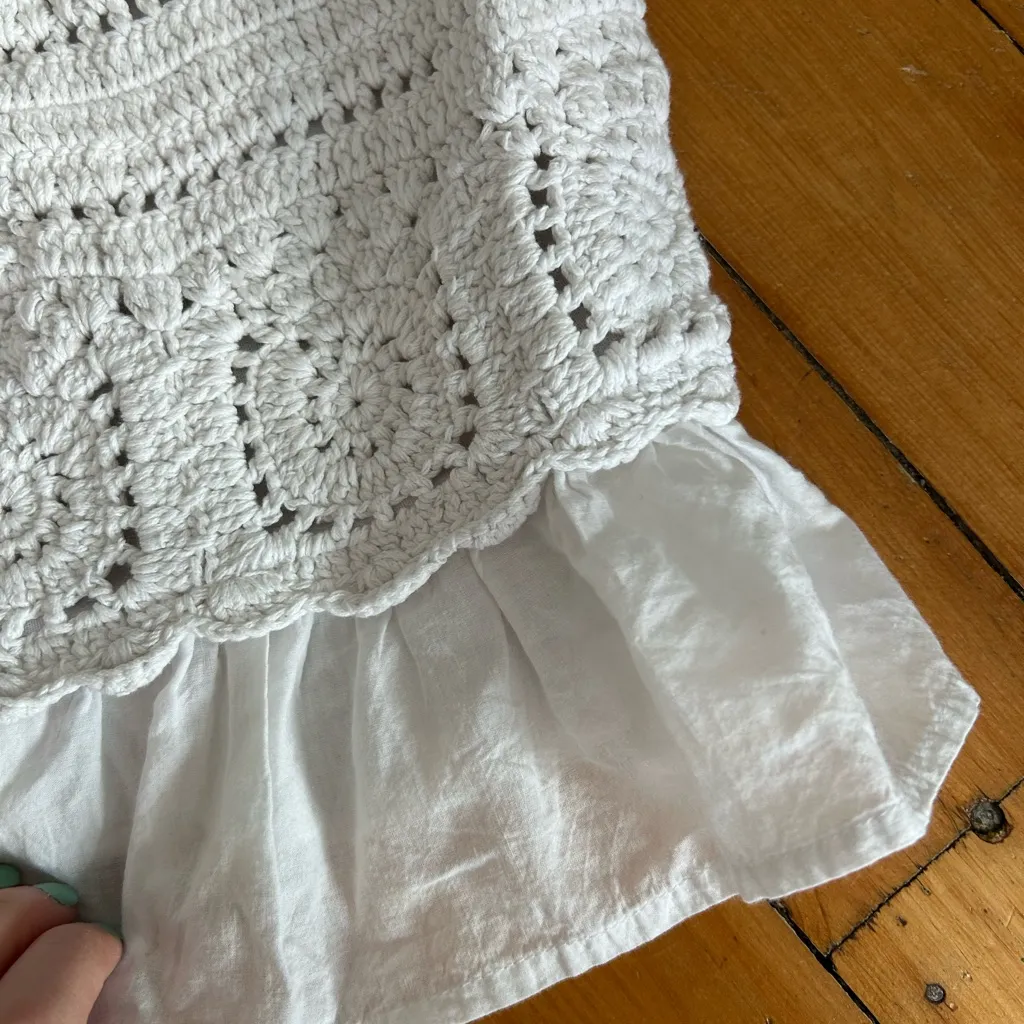 Rebellion Again White Crochet Square Neck Smocked Back Crop Top medium - Image 3