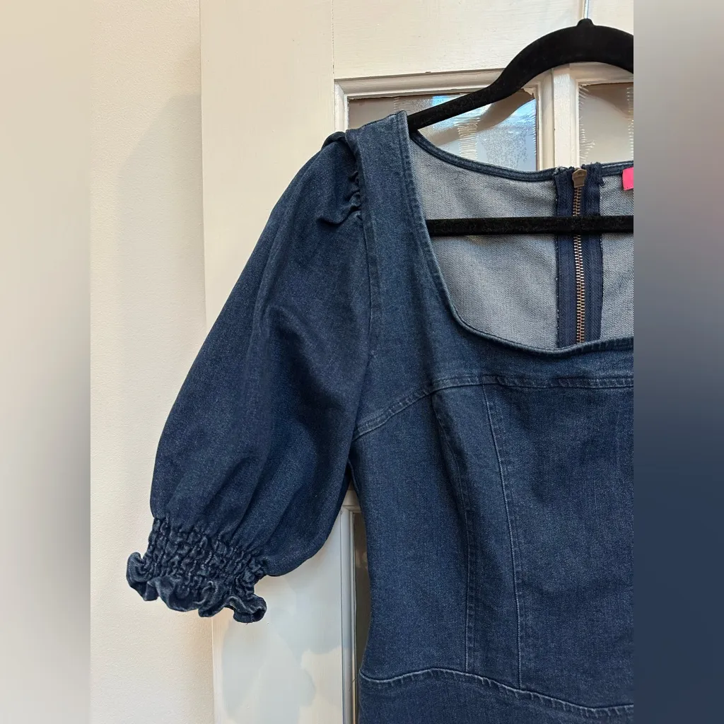 Betsey Johnson Puff-Sleeve Dark Denim Wash Mini Dress Retro Pinup Chic Size M - Image 3