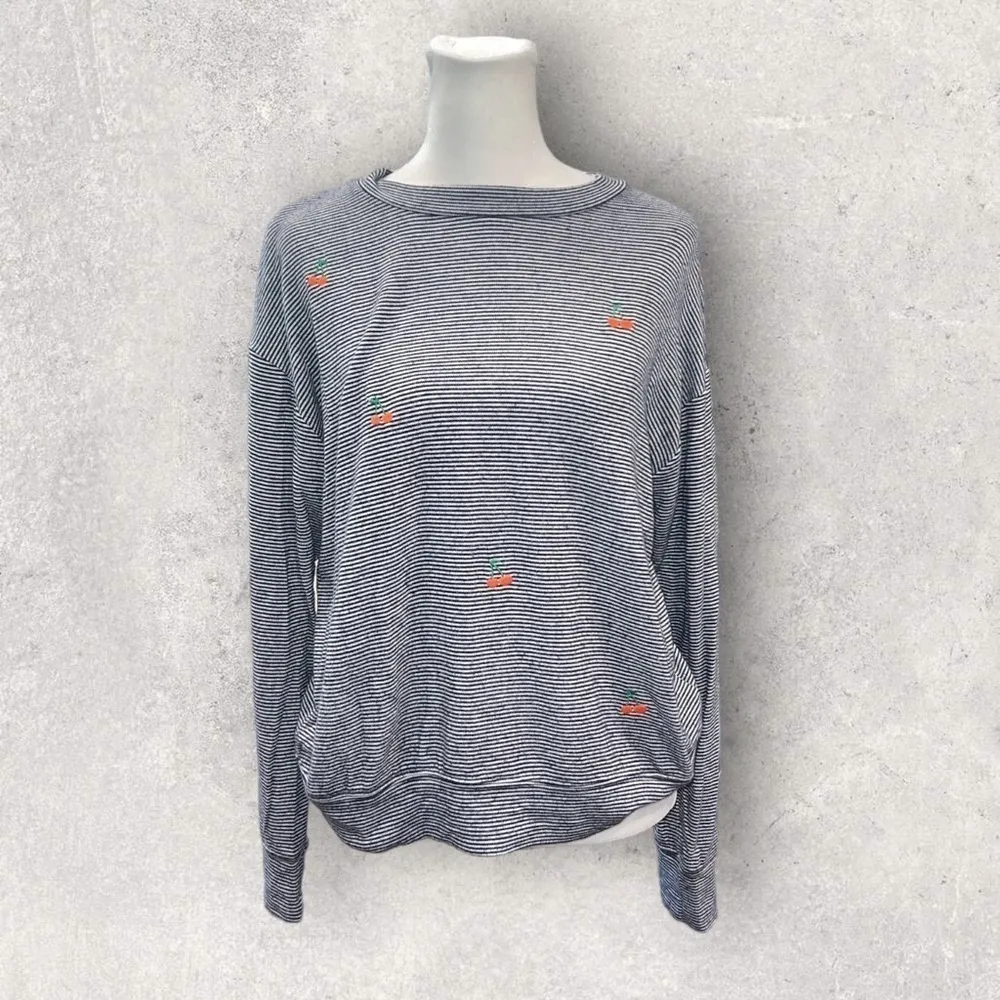 Sundry Soft Navy White Striped with Embroidered Cherries Long Sleeve Top Size 1 - Image 3