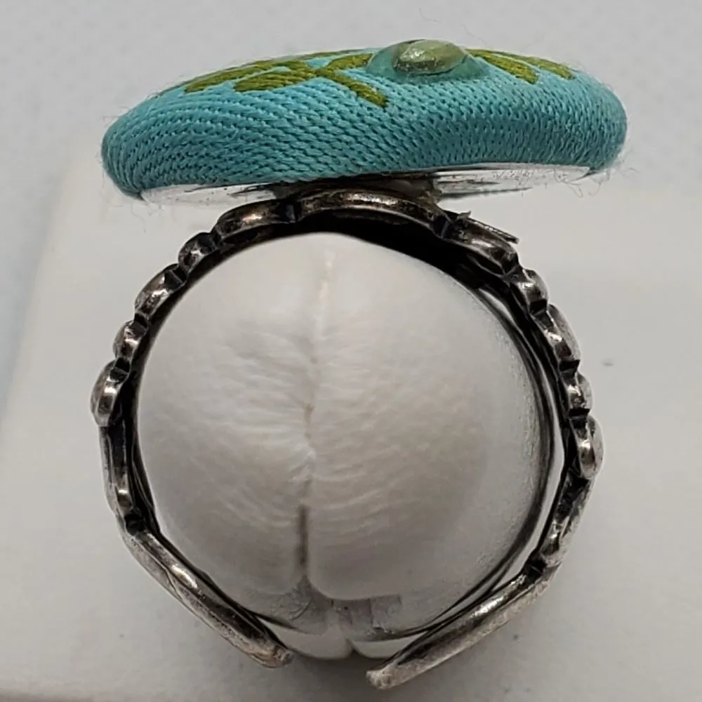 Vintage Blue & Green Floral Button Ring - Image 4