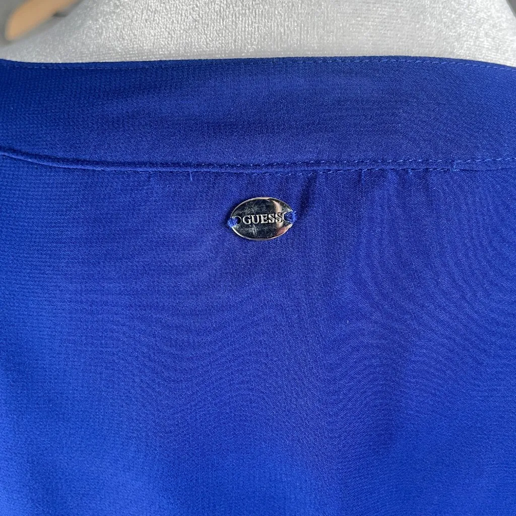 Guess Royal Blue Floral Zip Dress Women's Large V-Neck Cocktail Brunch Work - Image 4