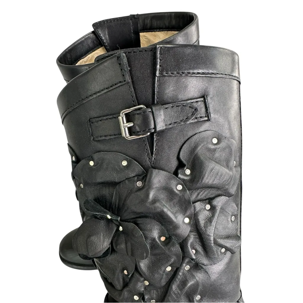 Valentino Black Studded Floral Applique Biker Boots Size 38 - Image 13