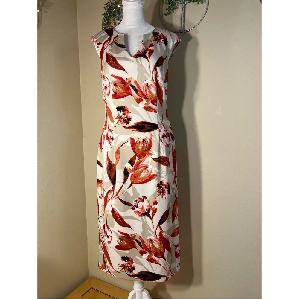 Connected Apparel Off White Taupe Red Floral Sleeveless Dress Size 4 - Image 7