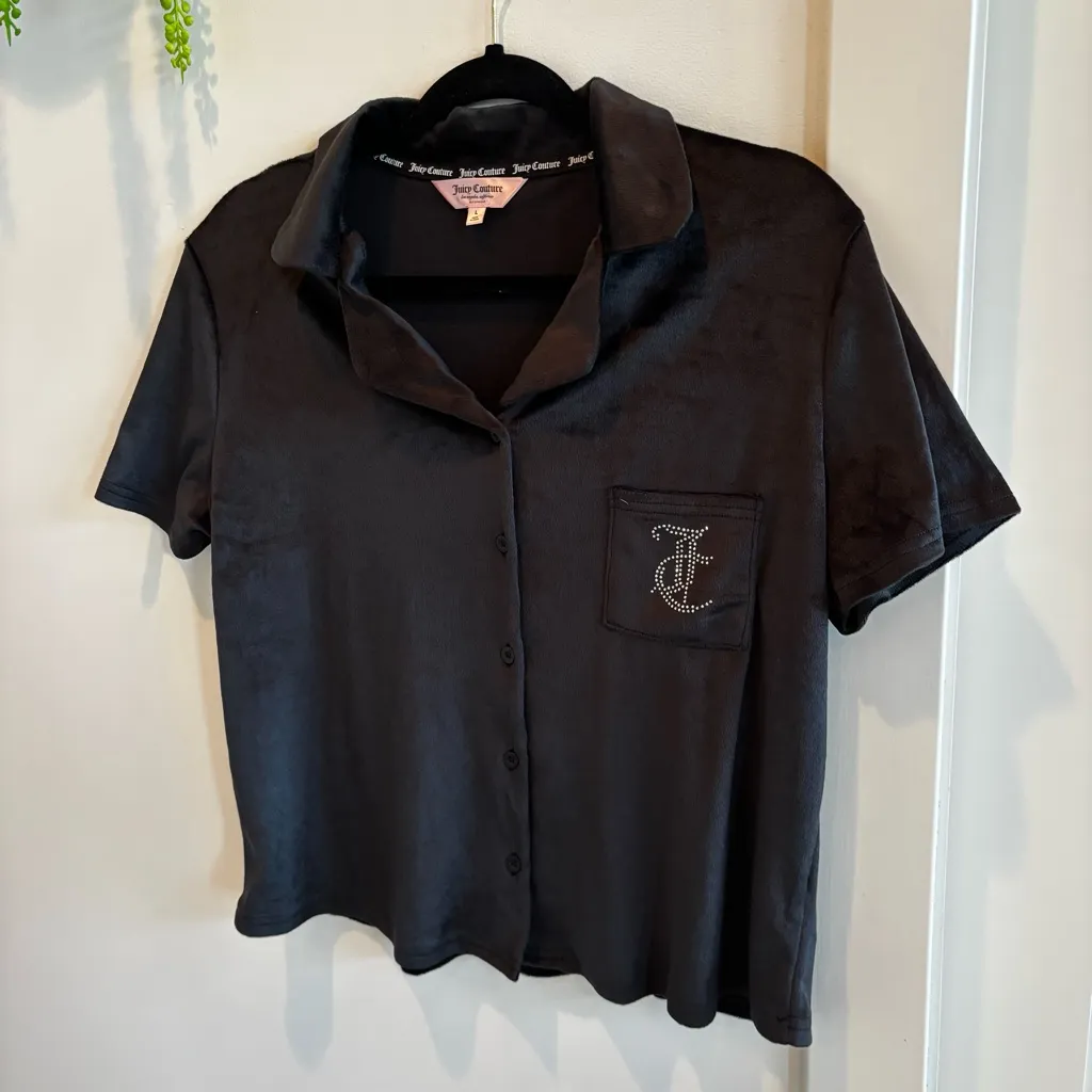 Juicy Couture Black Velour Button Up Sleepwear Top Stud Bling Juicy Back Size L - Image 2