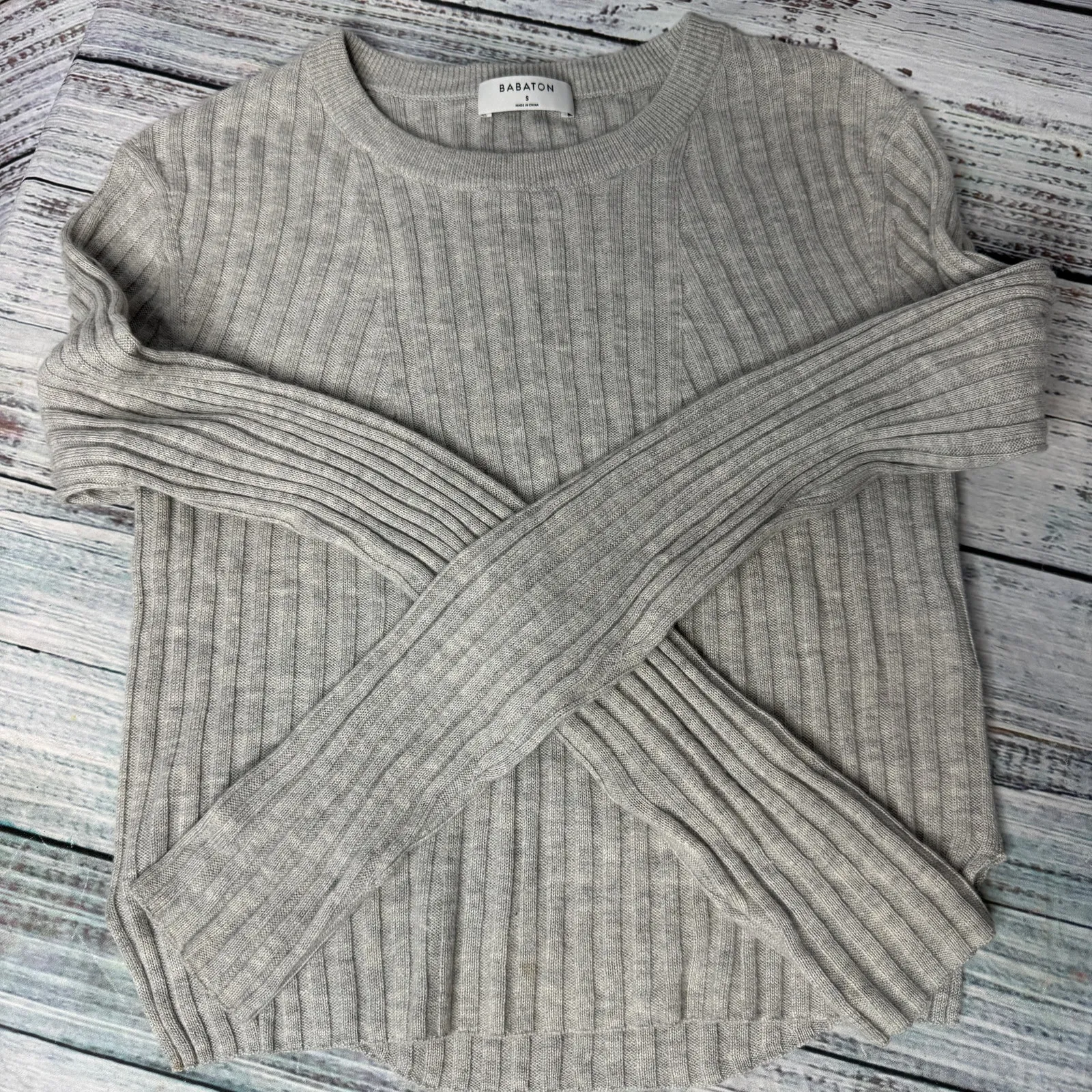 Babaton Ribbed Knit Sweater Gray Long Sleeve Crewneck Aritzia Wool/Linen Sm - Image 1