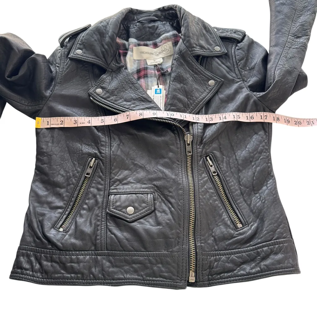 NEW Treasure & Bond NWT Size Medium 100% Leather Biker Jacket Coat Semi-Cropped - Image 12