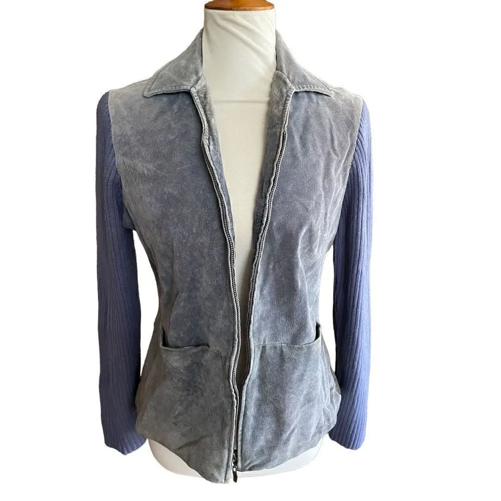 A.M.I.* GenuineLeather/Sweater Combo Full Zip Jacket Gray - Image 5