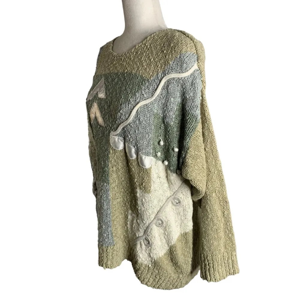 Vintage 90s Boucle Pullover Sweater M Beige Loose Knit Round Neck Long Sleeves Tan Size M - Image 3