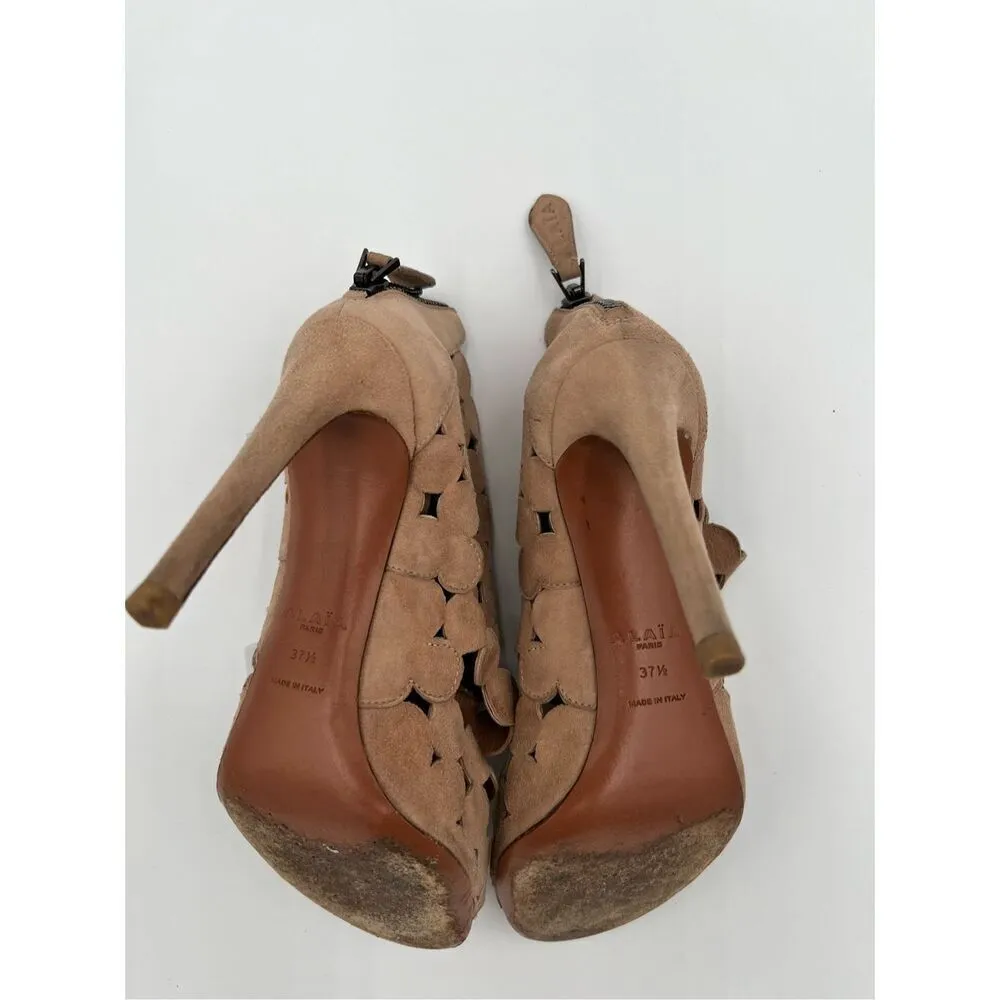 Alaia Paris Laser Cut Suede Booties Sandals Heels Nude Made in Italy 37.5 Tan Size 7 - Image 9