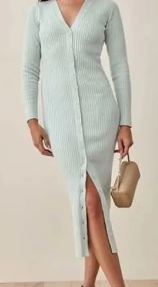NWT revolve 525 AmericaRibbed Knit Button Down Cardigan Midi Dress Blue medium - Image 1