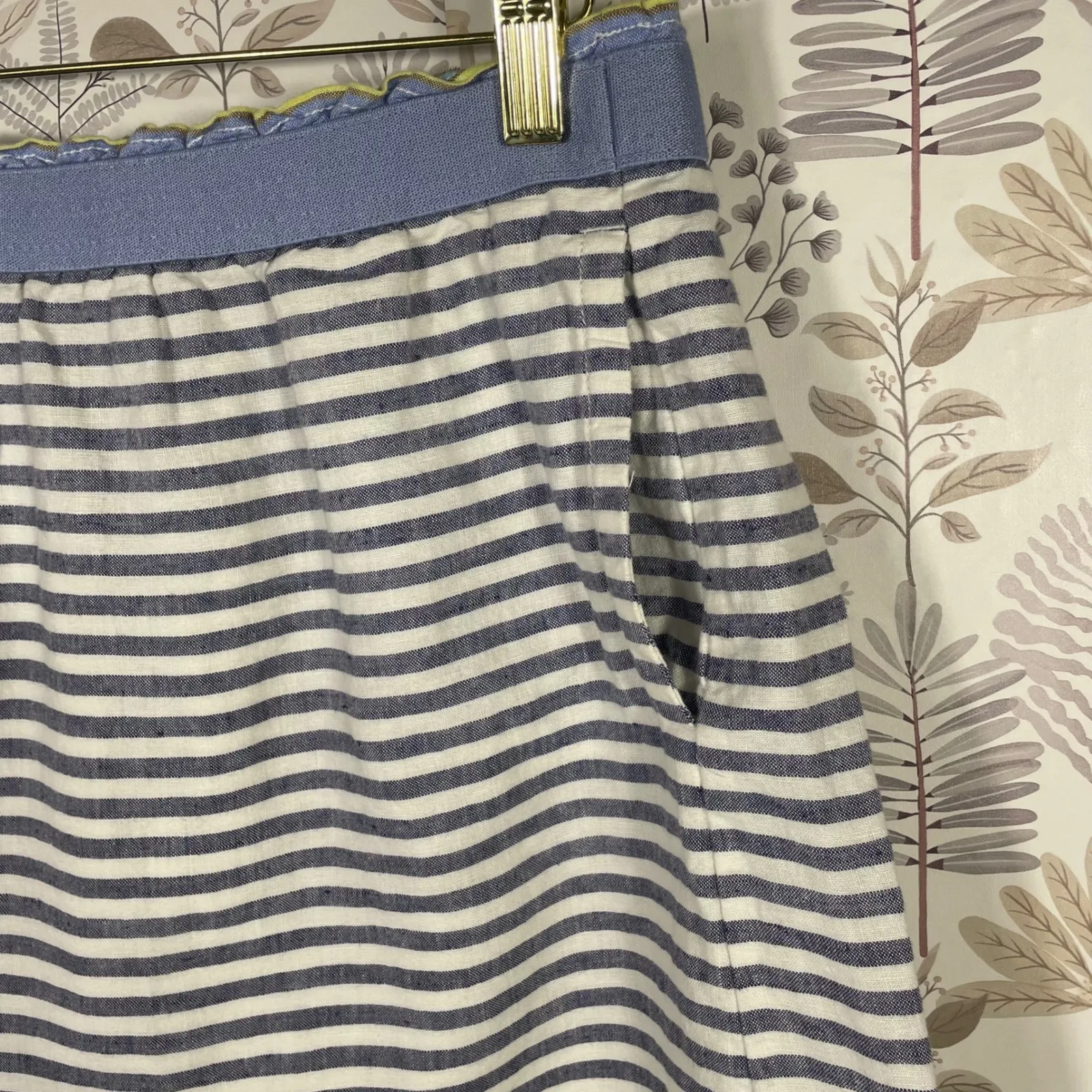Ann Taylor LOFT Striped Linen Blend Skirt M Blue White‎ Yellow Pockets 15x17 - Image 2