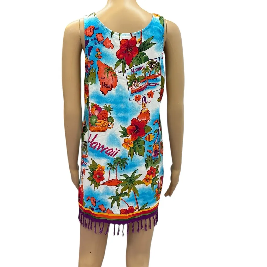 Vintage Beach Cabana Hawaiian Rayon Fringed Sleeveless Coverup Mini Dress Small Orange - Image 7