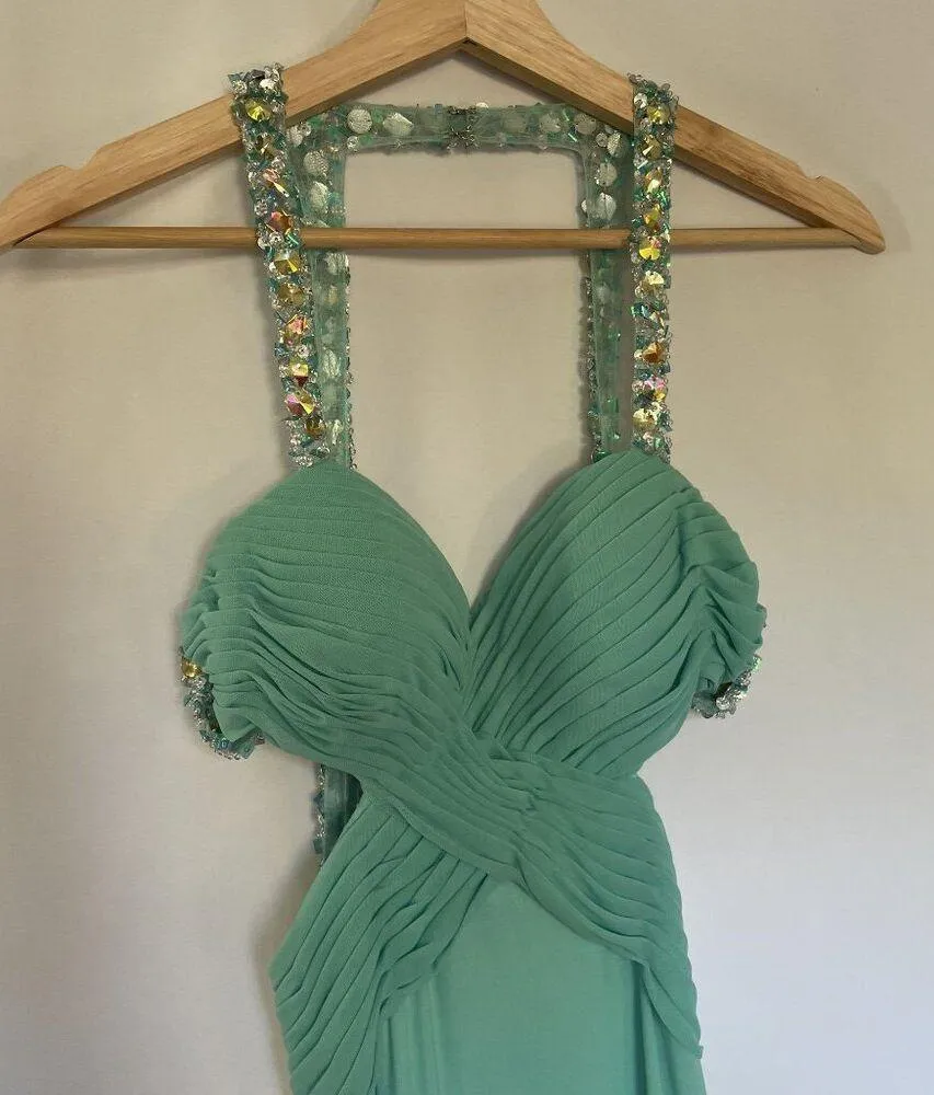 Faviana antique formal dress maxi aqua side cutouts sequins size 00 dramatic - Image 2