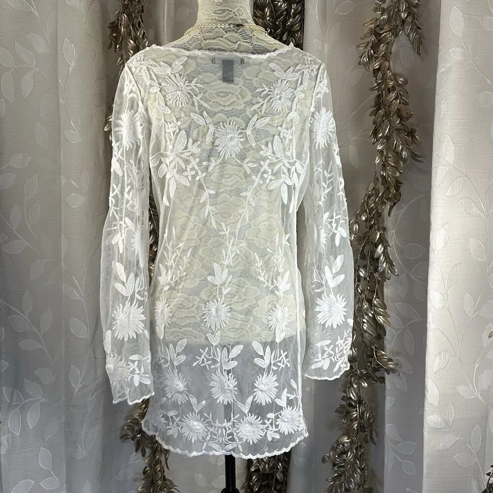 Forever 21 White Floral Embroidered Sheer Mesh Tunic Top Swim Cover S/M (flawed) - Image 3