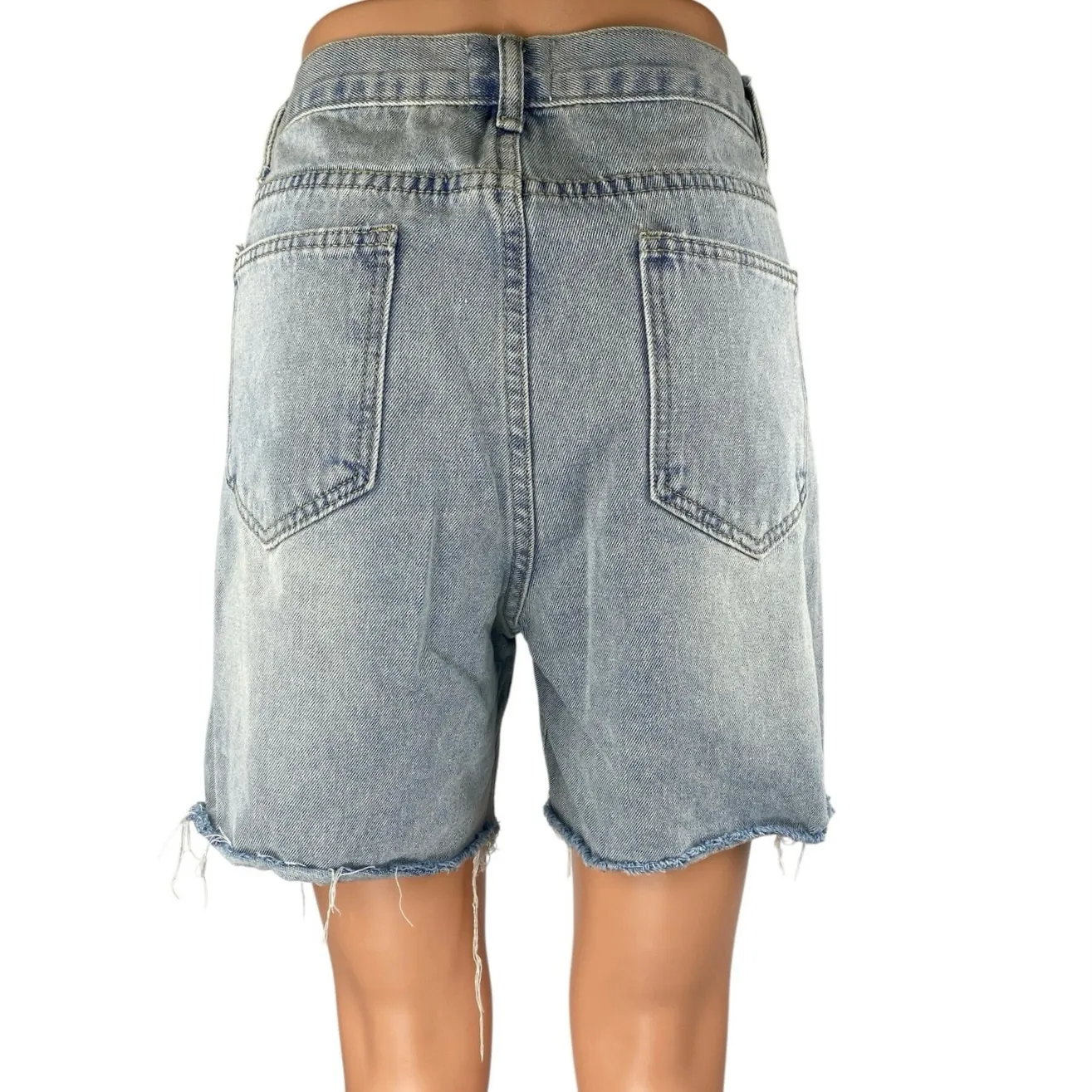 Love + Harmony Blue High Waisted Frayed Raw Hem Bermuda Denim Jeans Shorts Sz M - Image 3