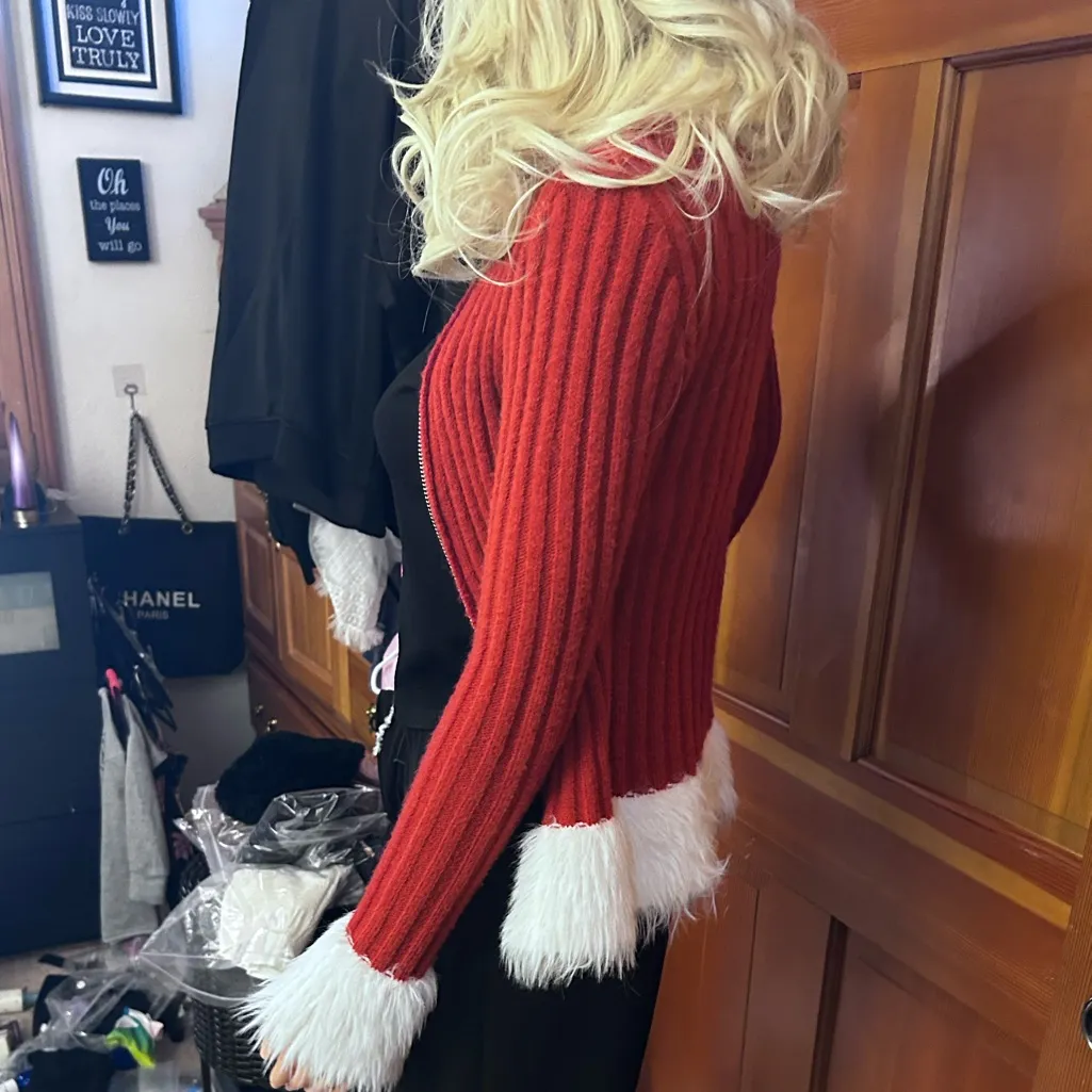 LAST ONE Holiday Fuzzy Fur Trim Sweater Red Size M - Image 15