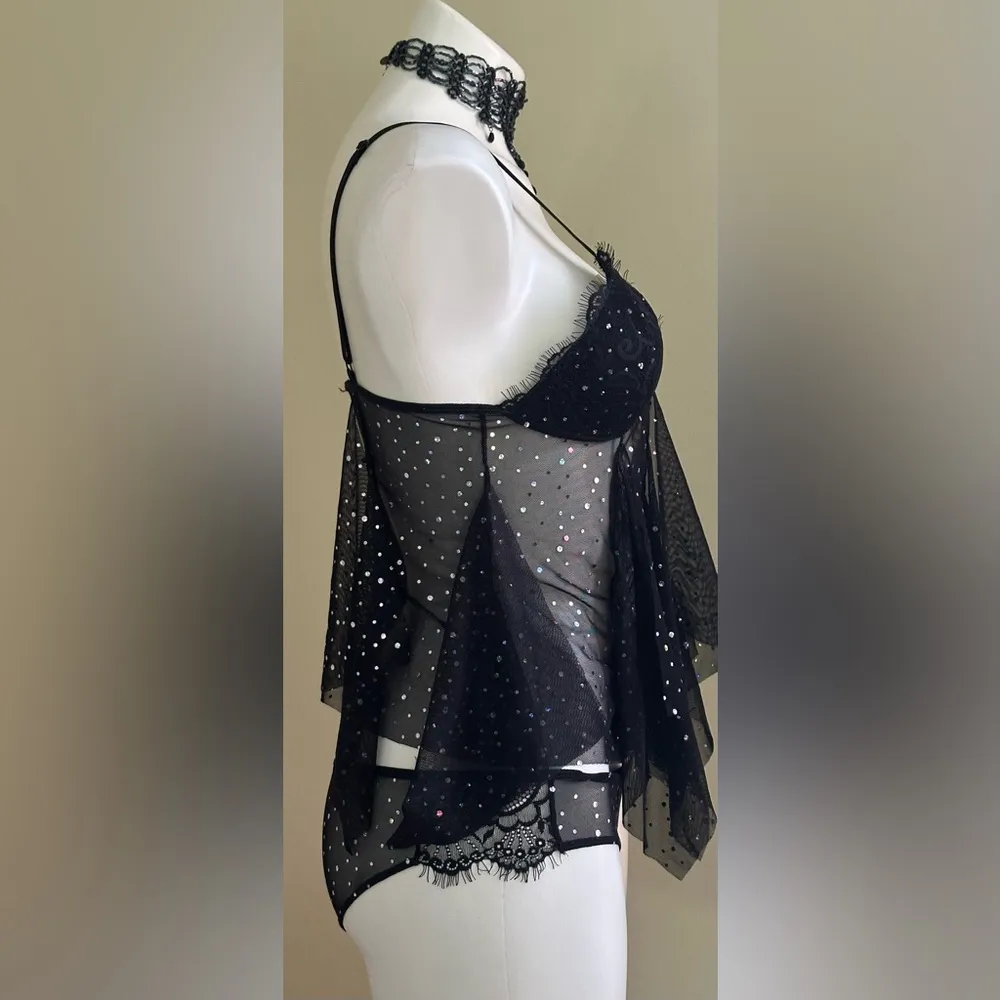 Victoria Secret Black Sheer Baby Doll I intimate  Glitter With Sheer Bottom Sz S - Image 5